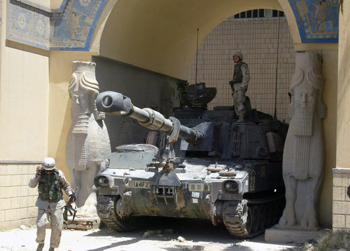 A U.S. tank blocks the entrance to the Iraqi National Museum.